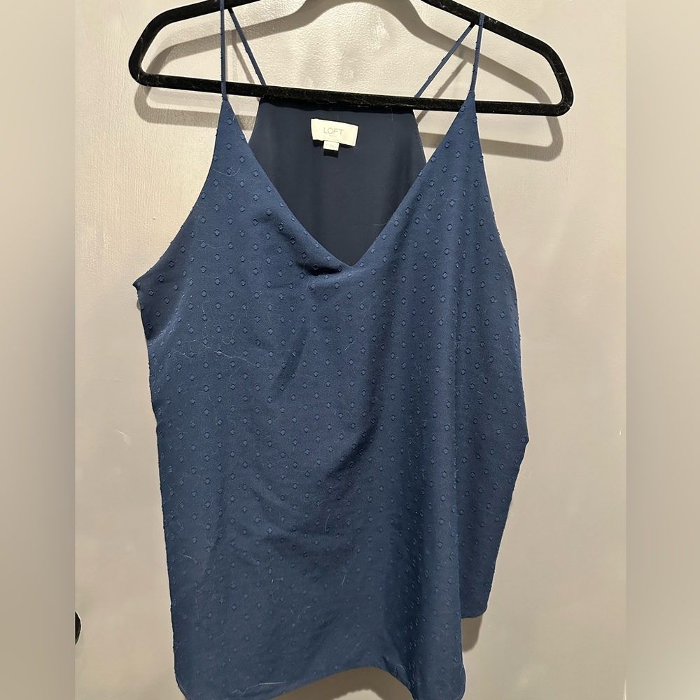 Loft, navy blue camisole with raised monotone polkadots. Size large large.